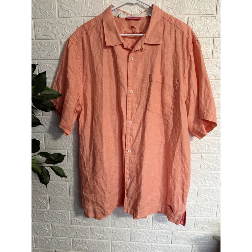Tommy Bahama Mens Short Sleeve 100% Linen Button Down Shirt Coral XL